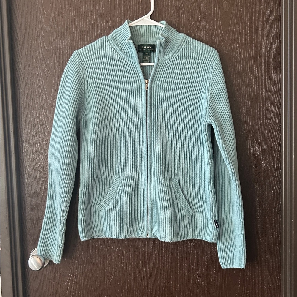 Ralph Lauren Women Teal Heavy Cotton Ribbed Pkts Zip-Up Sweater Cardigan Medium